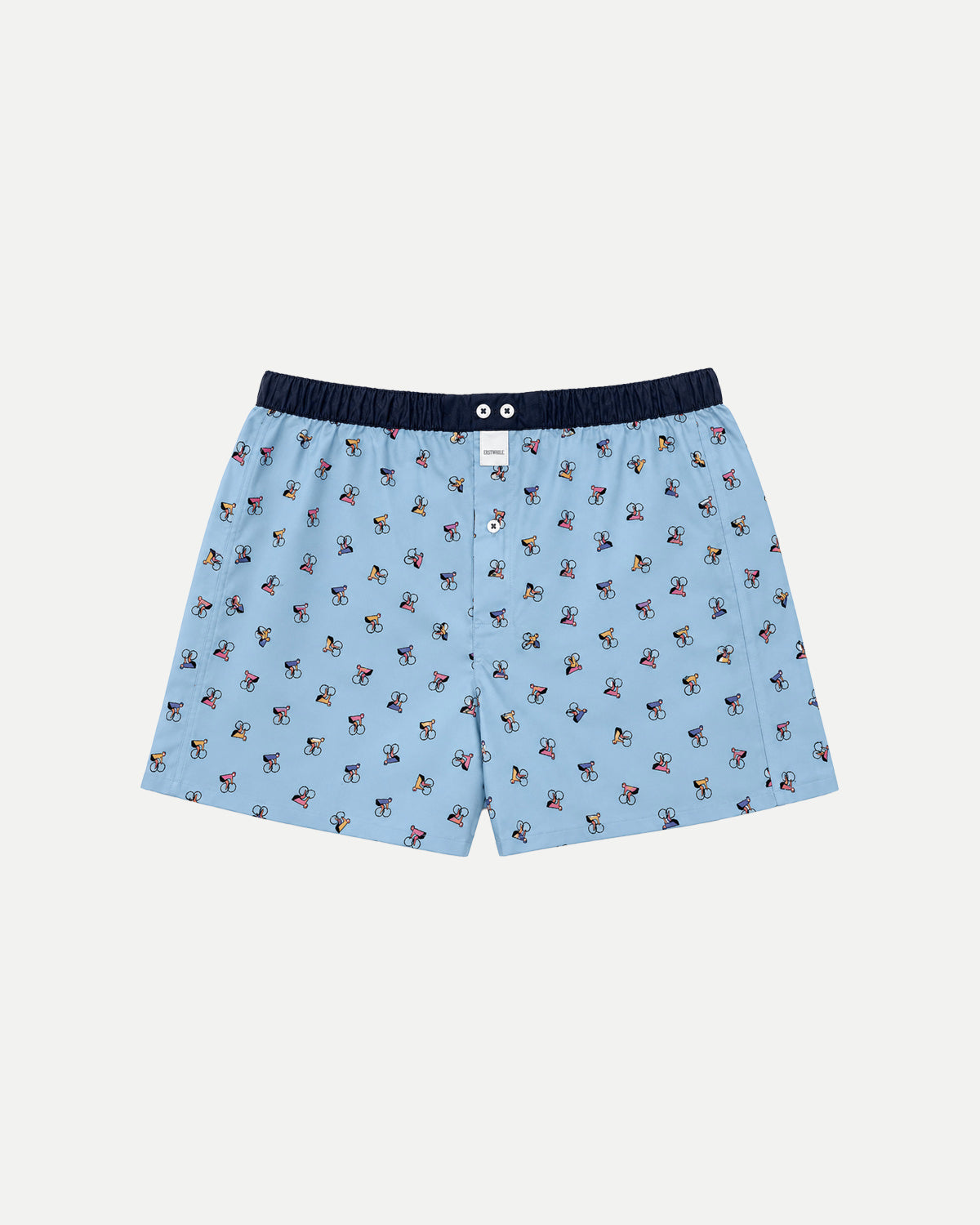 Blue boxer shorts by Erstwhile, front view