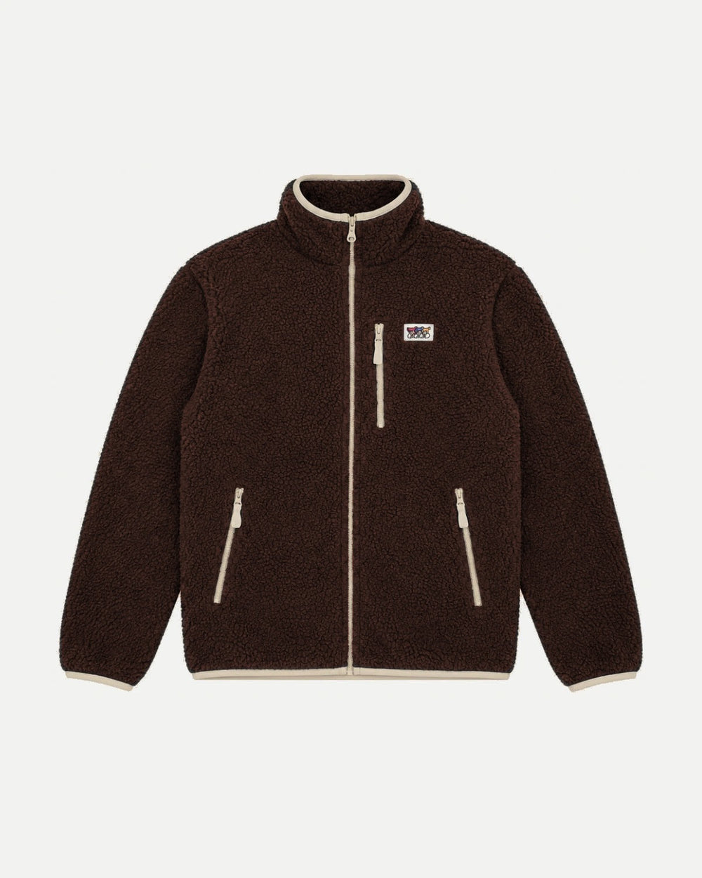 Dark brown fleece jacket by Erstwhile, front view