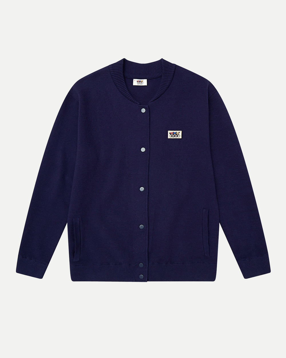 Navy varsity jacket by Erstwhile, front view