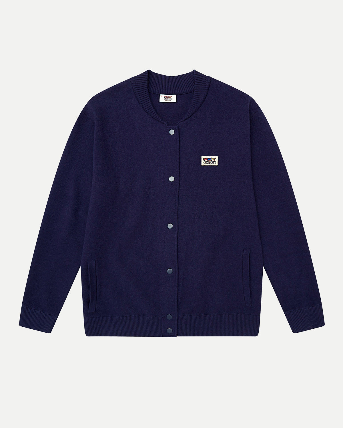 Navy varsity jacket by Erstwhile, front view