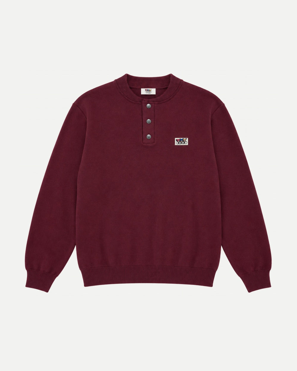 Burgundy pop-over jumper by Erstwhile, front view