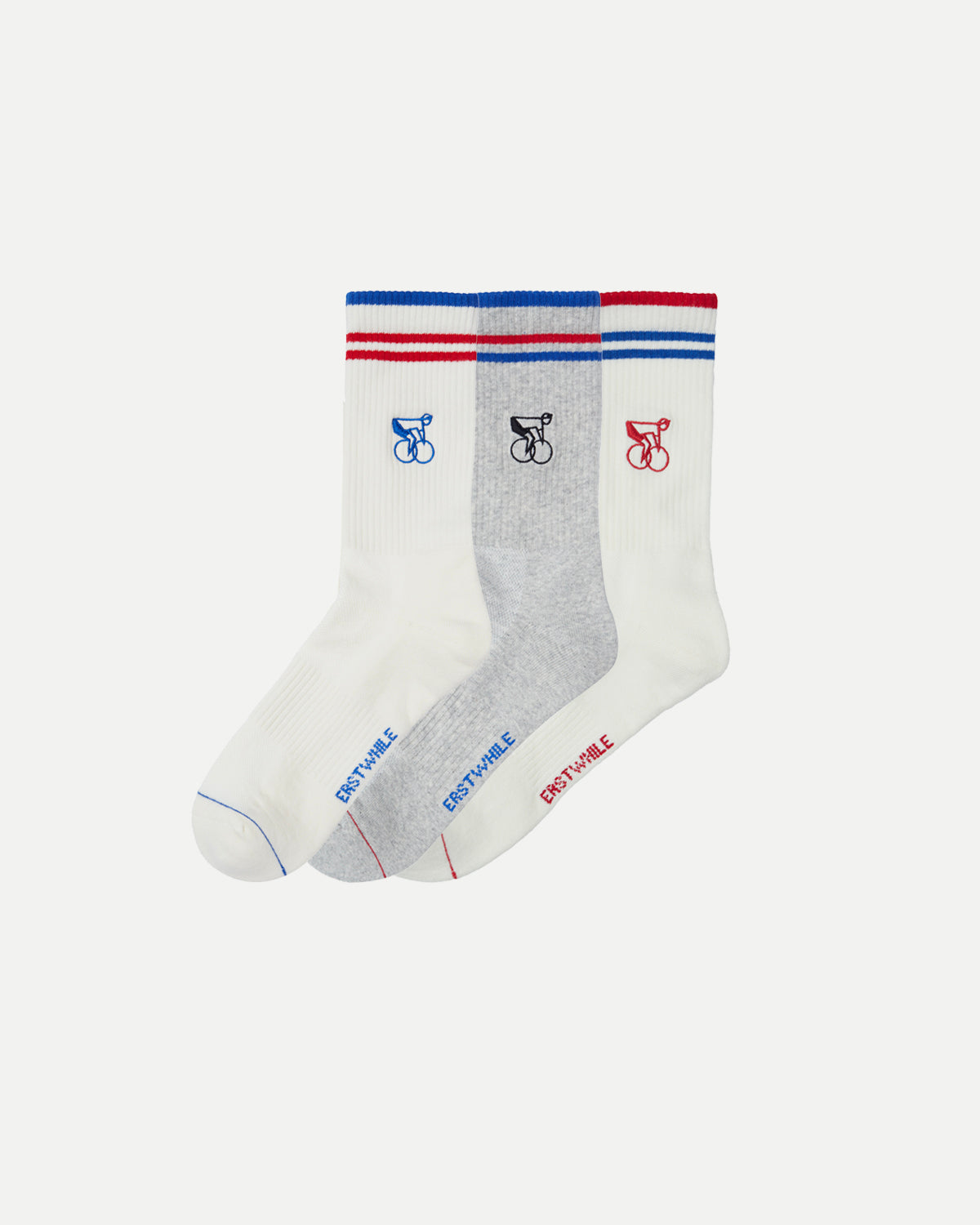 Gift box with red and blue socks by Erstwhile, front view
