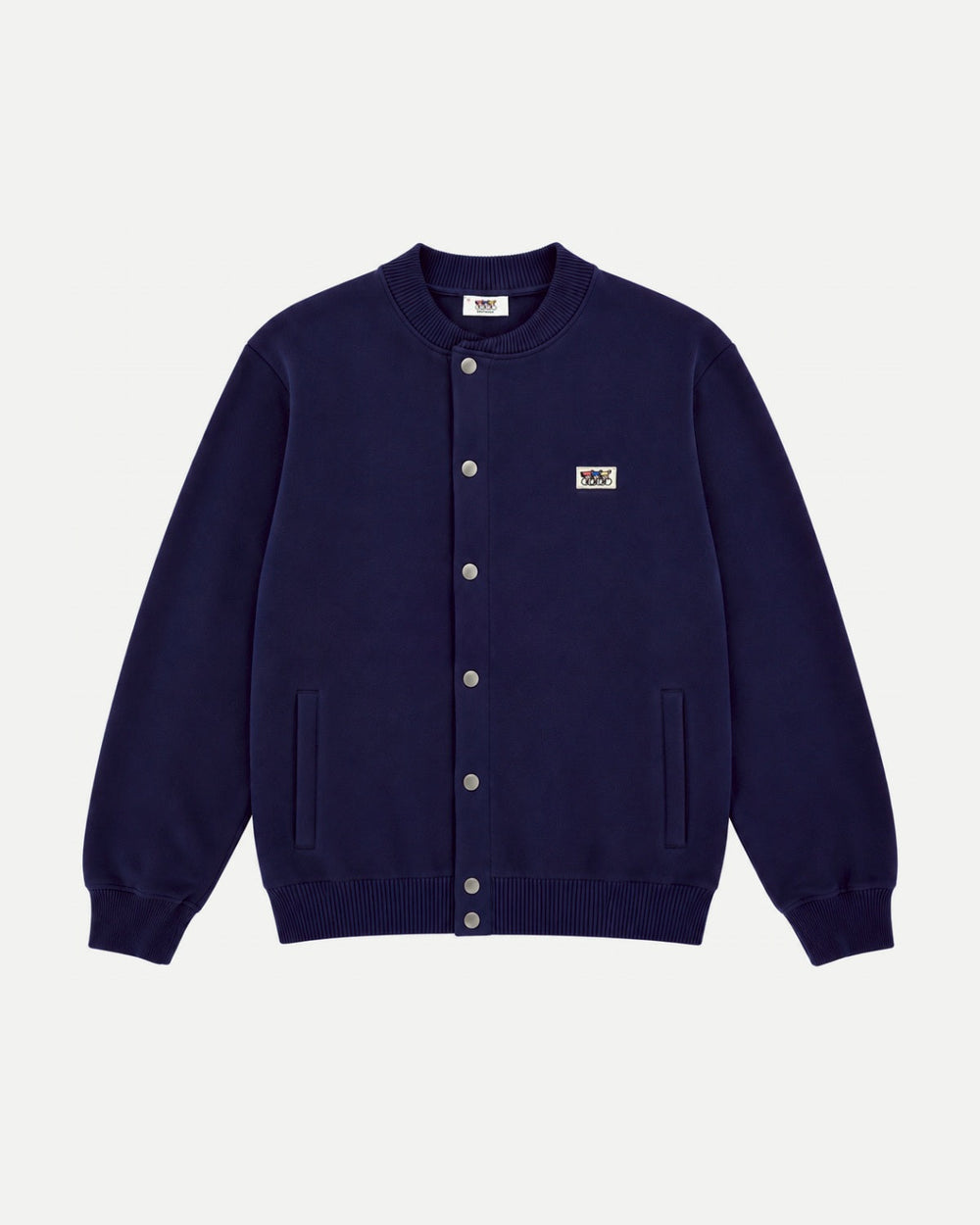 Navy varsity jacket by Erstwhile, front view