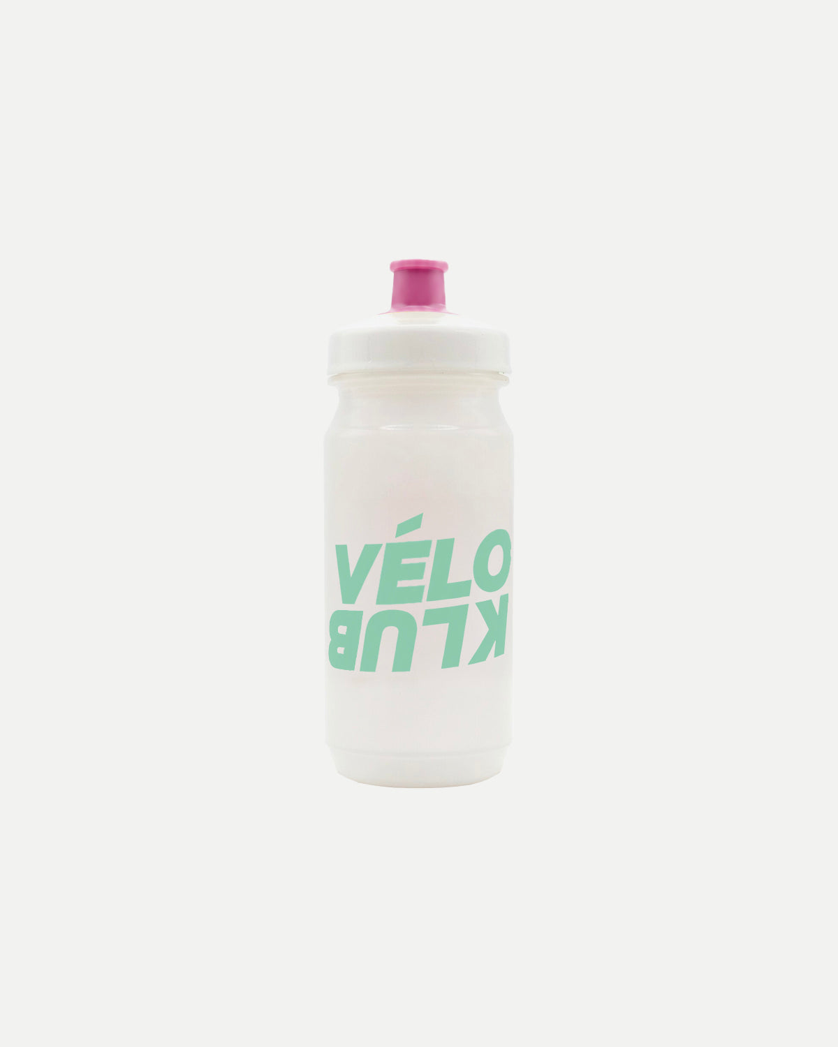 Transparent purple and green Vélo Klub bidon, front view