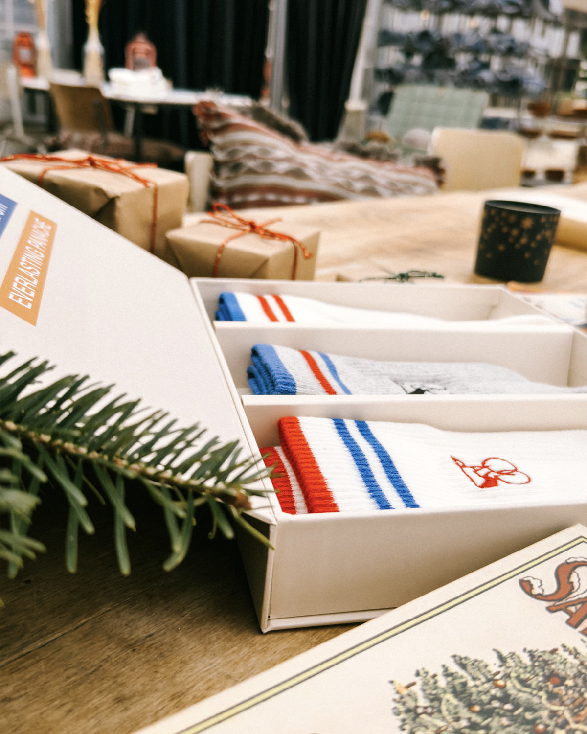 Detail of the Erstwhile gift box with red and blue socks