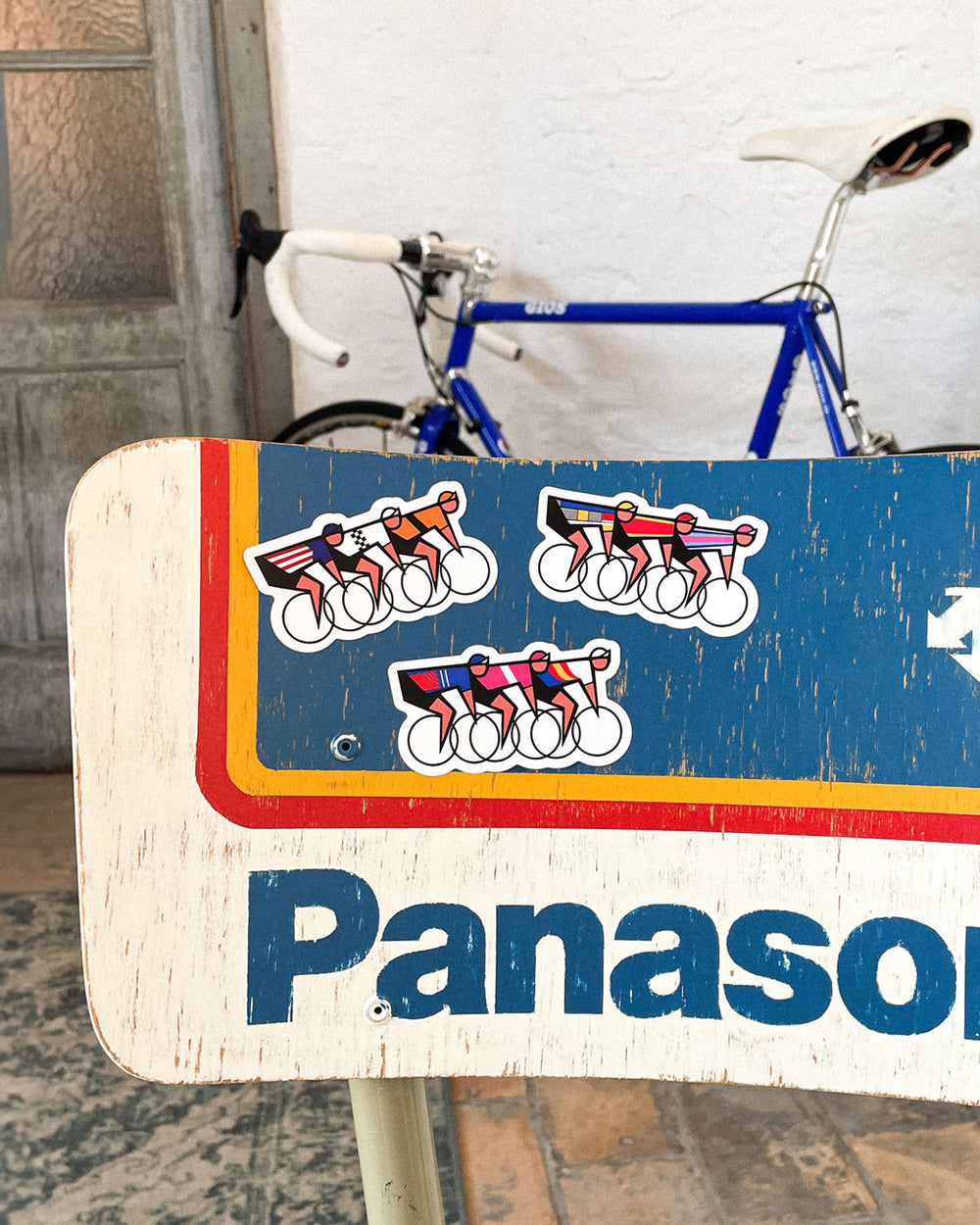 70s, 80s and 90s cycling sticker set by Erstwhile in a lifestyle setting