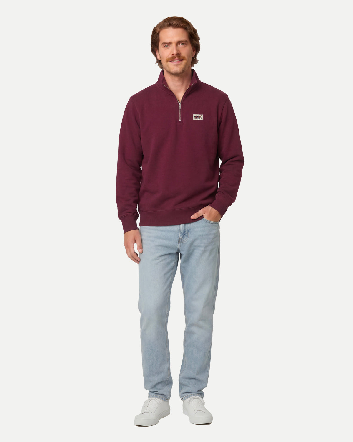 Model wearing the fig zip sweatshirt