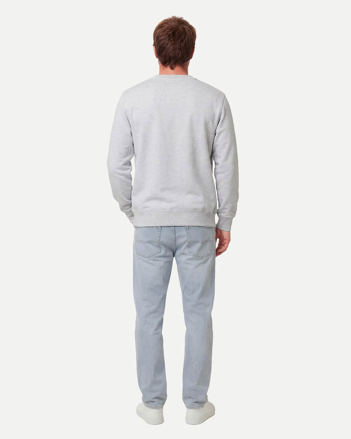 Model wearing the light grey Waaier sweatshirt, seen from the back